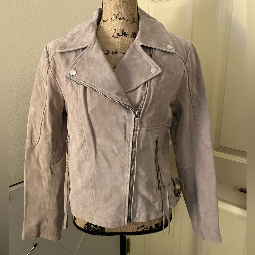 BCBGeneration blush pinkish beige quilted moto suede Leather Jacket large L 12